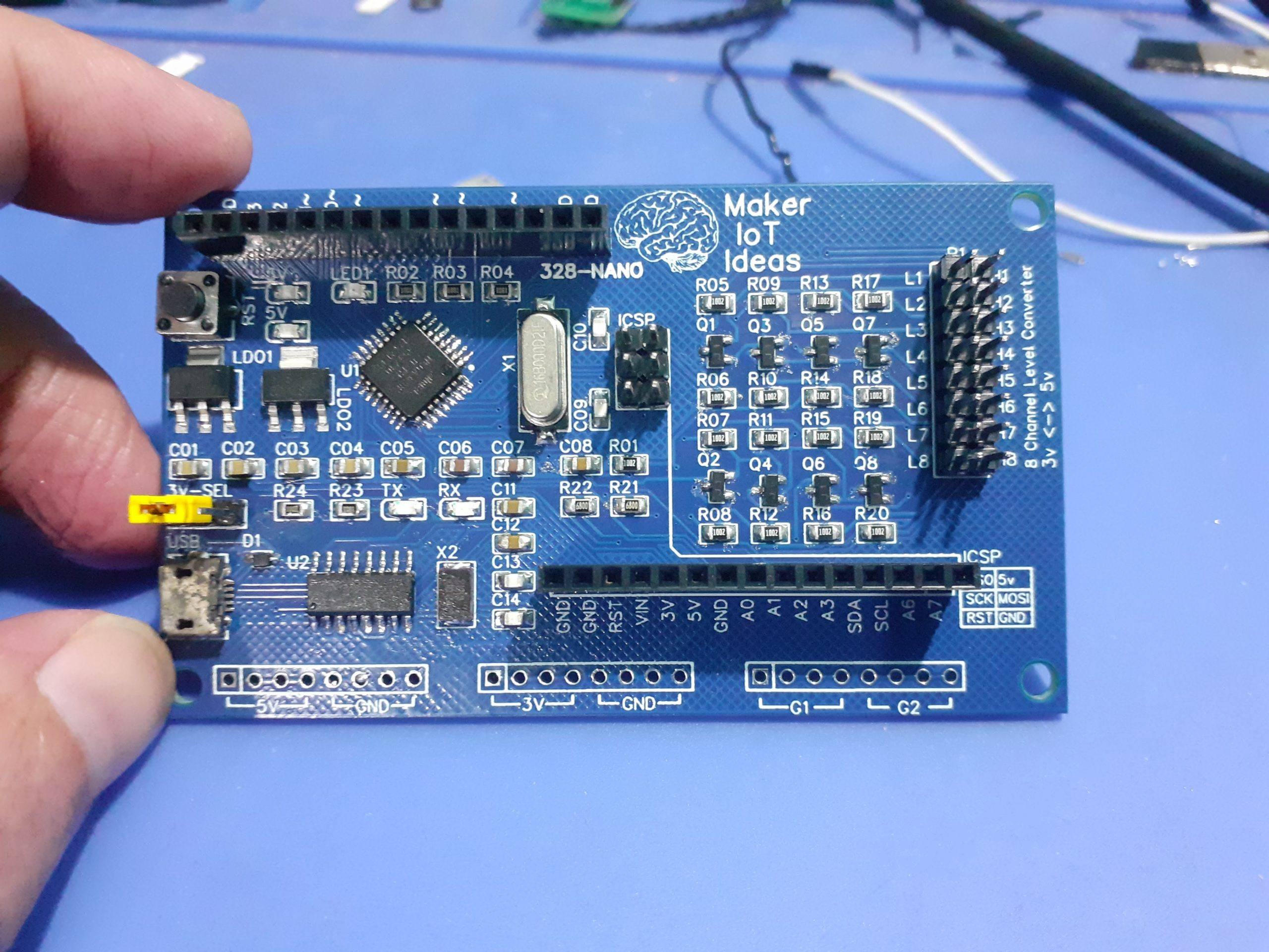 ATMega328P prototype add-on card for use with the MCU-8266-12E IoT controller.