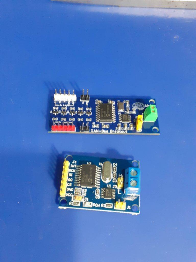 Level converted CAN-BUS Module next to a standard commercial module designed for the Arduino ecosystem or similar