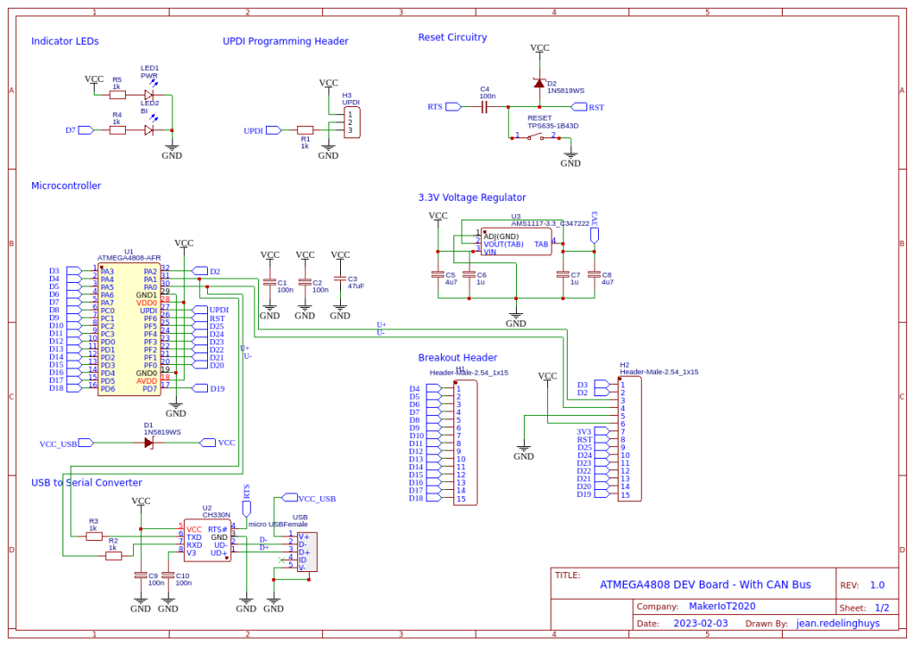 Schematic, ATMEGA4808 and supporting components